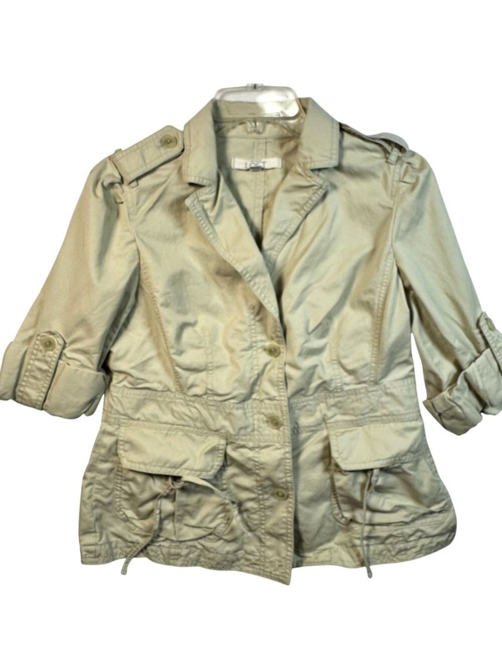 Ann Taylor Loft Khaki Utility Safari Jacket Roll-Tab Sleeves & Button Front Sz M